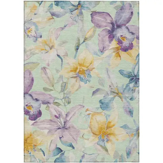 Mint Green Gold And Lavender Floral Washable Indoor Outdoor Area Rug Photo 2