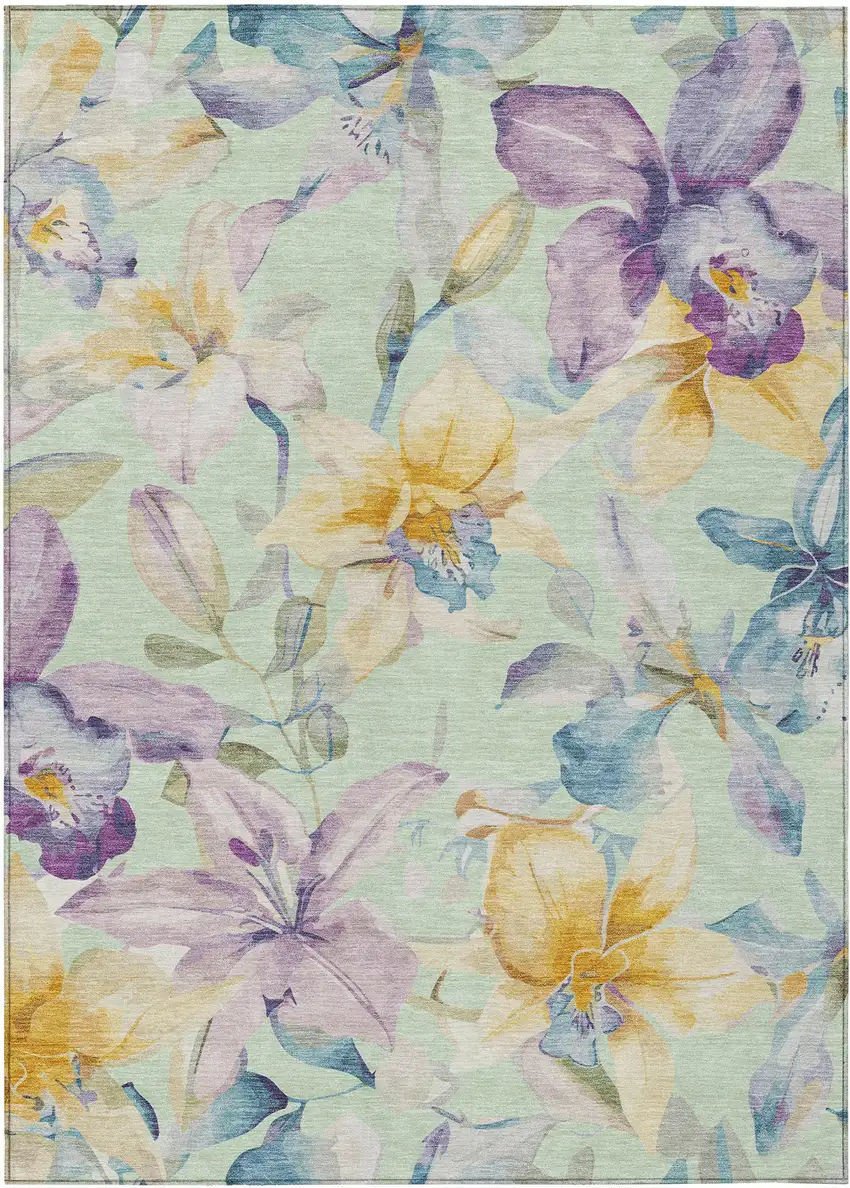 Mint Green Gold And Lavender Floral Washable Indoor Outdoor Area Rug Photo 2