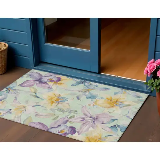 Mint Green Gold And Lavender Floral Washable Indoor Outdoor Area Rug Photo 1