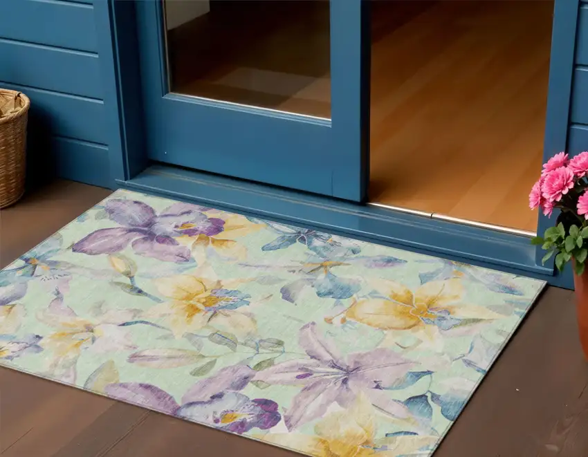 Mint Green Gold And Lavender Floral Washable Indoor Outdoor Area Rug Photo 1
