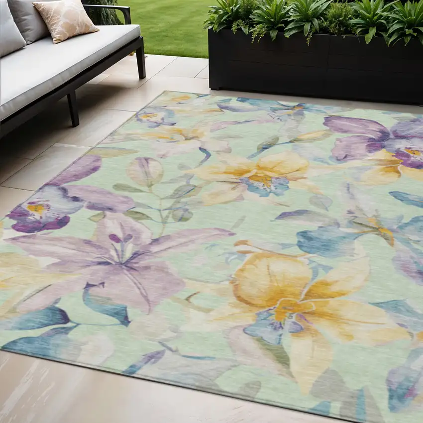 Mint Green Gold And Lavender Floral Washable Indoor Outdoor Area Rug Photo 1