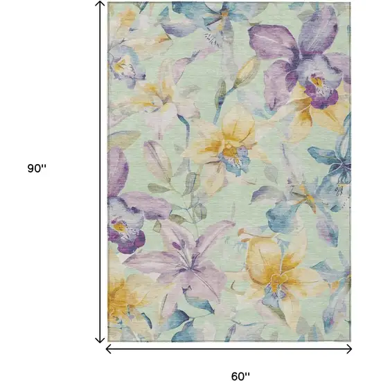 Mint Green Gold And Lavender Floral Washable Indoor Outdoor Area Rug Photo 7