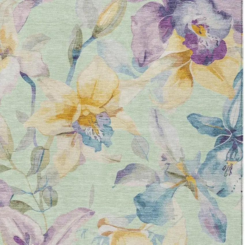 Mint Green Gold And Lavender Floral Washable Indoor Outdoor Area Rug Photo 5