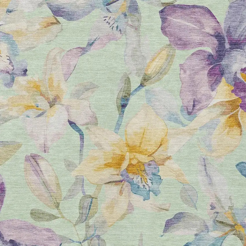 Mint Green Gold And Lavender Floral Washable Indoor Outdoor Area Rug Photo 7