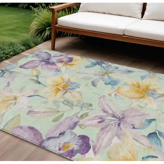 Mint Green Gold And Lavender Floral Washable Indoor Outdoor Area Rug Photo 1