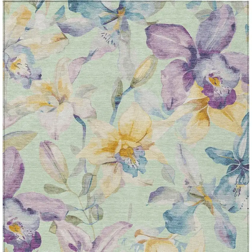 Mint Green Gold And Lavender Floral Washable Indoor Outdoor Area Rug Photo 4