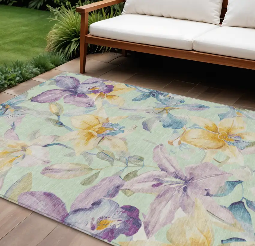 Mint Green Gold And Lavender Floral Washable Indoor Outdoor Area Rug Photo 1