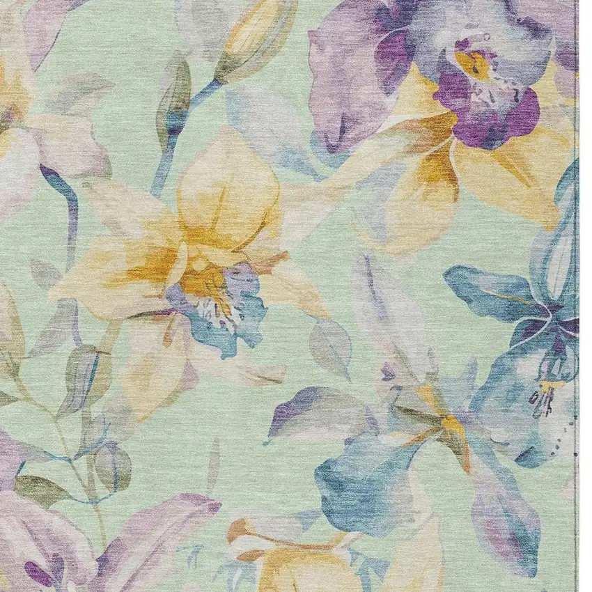 Mint Green Gold And Lavender Floral Washable Indoor Outdoor Area Rug Photo 5