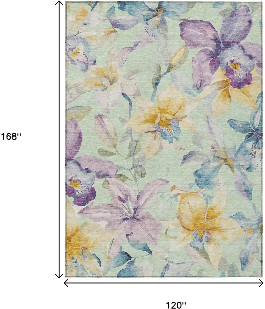 Mint Green Gold And Lavender Floral Washable Indoor Outdoor Area Rug Photo 3