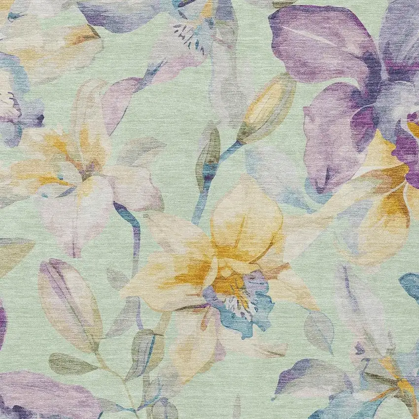 Mint Green Gold And Lavender Floral Washable Indoor Outdoor Area Rug Photo 7