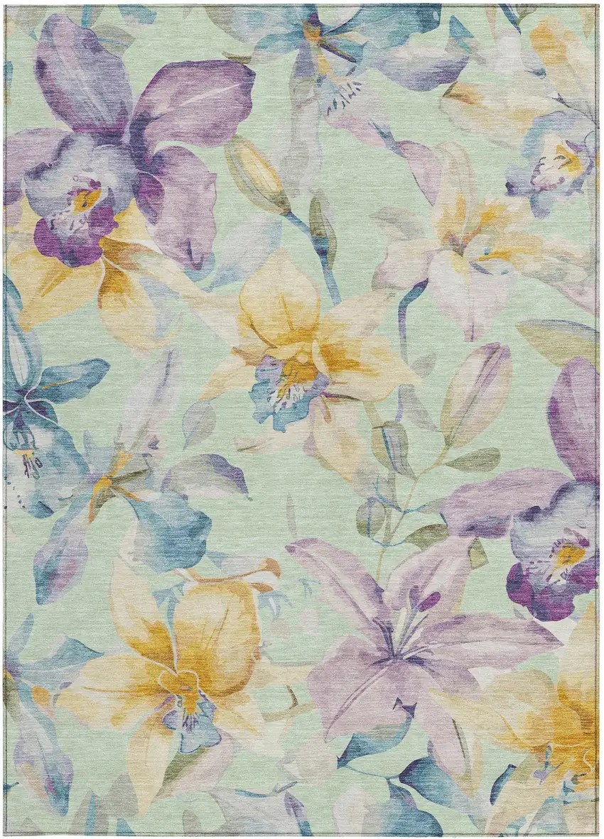 Mint Green Gold And Lavender Floral Washable Indoor Outdoor Area Rug Photo 4