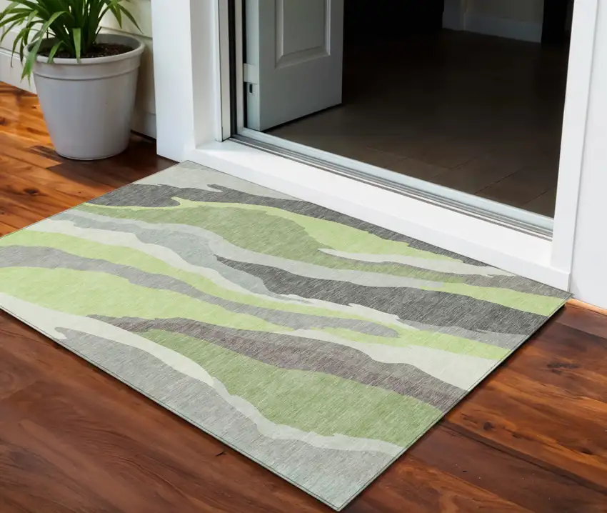 Mint Green Gray And Charcoal Abstract Washable Indoor Outdoor Area Rug Photo 1