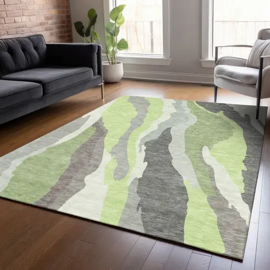 Mint Green Gray And Charcoal Abstract Washable Indoor Outdoor Area Rug Photo 9