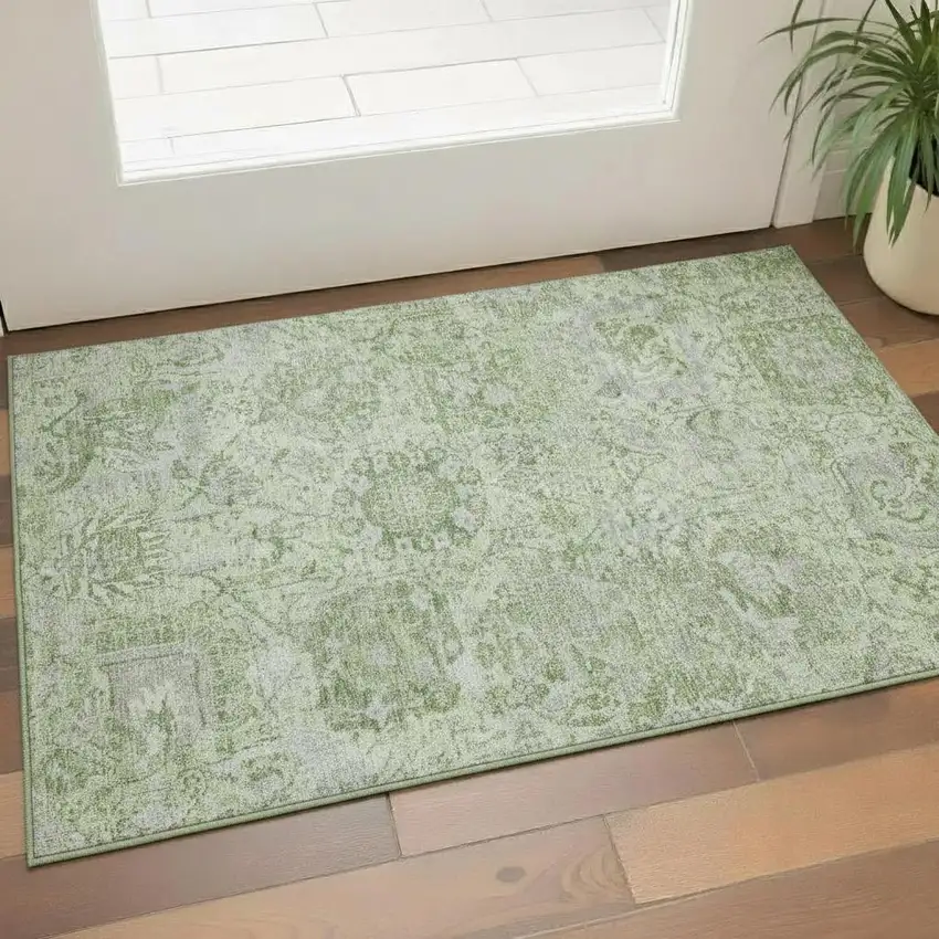 Mint Green Gray And Ivory Damask Washable Area Rug With UV Protection Photo 2