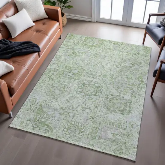 Mint Green Gray And Ivory Damask Washable Area Rug With UV Protection Photo 5