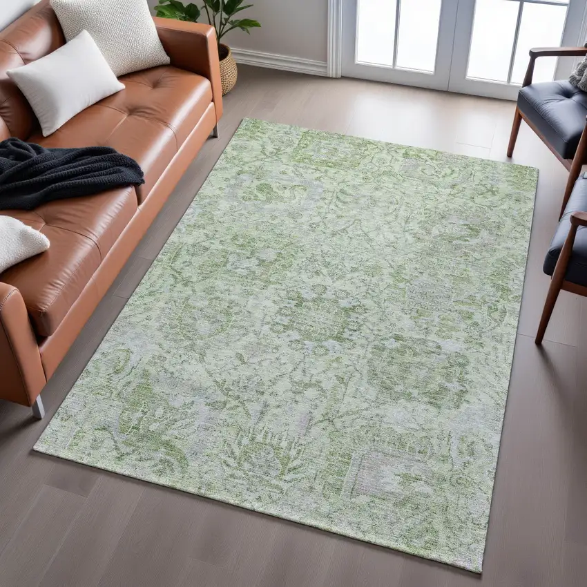 Mint Green Gray And Ivory Damask Washable Area Rug With UV Protection Photo 5