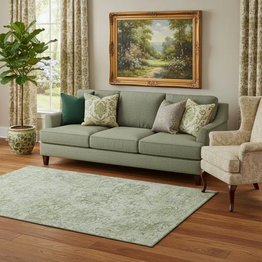 Mint Green Gray And Ivory Damask Washable Area Rug With UV Protection Photo 2