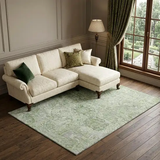 Mint Green Gray And Ivory Damask Washable Area Rug With UV Protection Photo 1