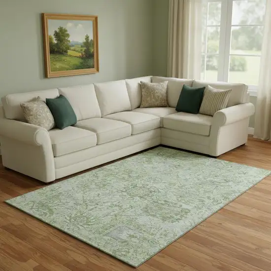 Mint Green Gray And Ivory Damask Washable Area Rug With UV Protection Photo 2