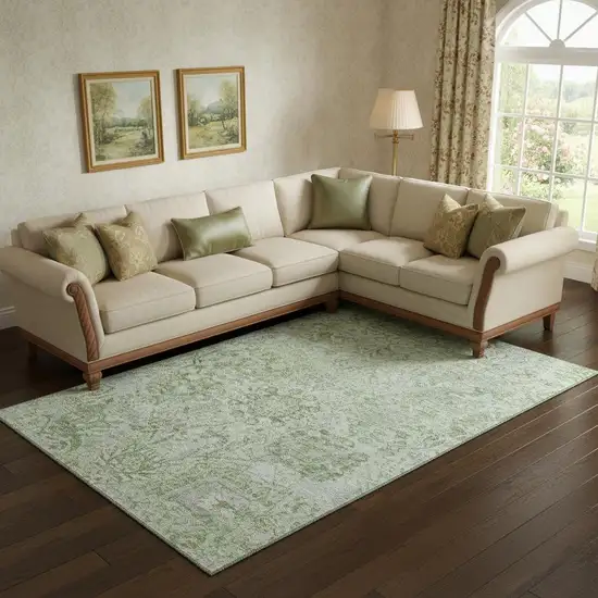 Mint Green Gray And Ivory Damask Washable Area Rug With UV Protection Photo 2