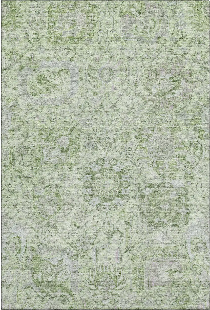 Mint Green Gray And Ivory Damask Washable Area Rug With UV Protection Photo 1