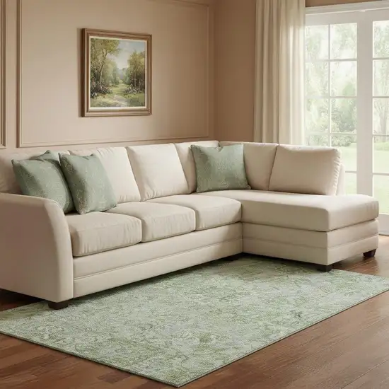 Mint Green Gray And Ivory Damask Washable Area Rug With UV Protection Photo 2