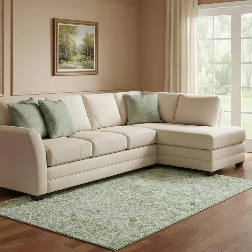 Mint Green Gray And Ivory Damask Washable Area Rug With UV Protection Photo 2