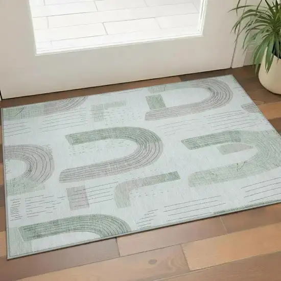 Mint Green Gray And Ivory Geometric Washable Area Rug With UV Protection Photo 2
