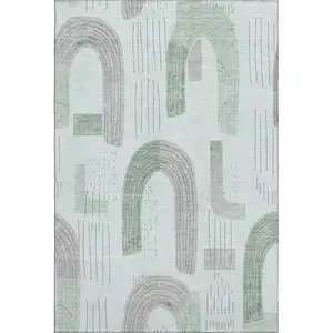 Photo of Mint Green Gray And Ivory Geometric Washable Area Rug With UV Protection