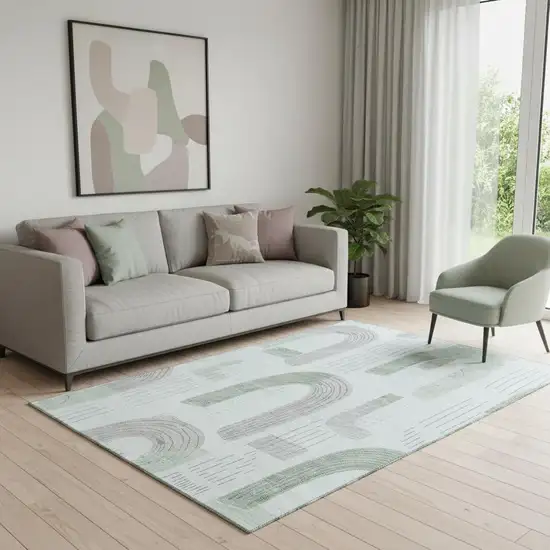 Mint Green Gray And Ivory Geometric Washable Area Rug With UV Protection Photo 2