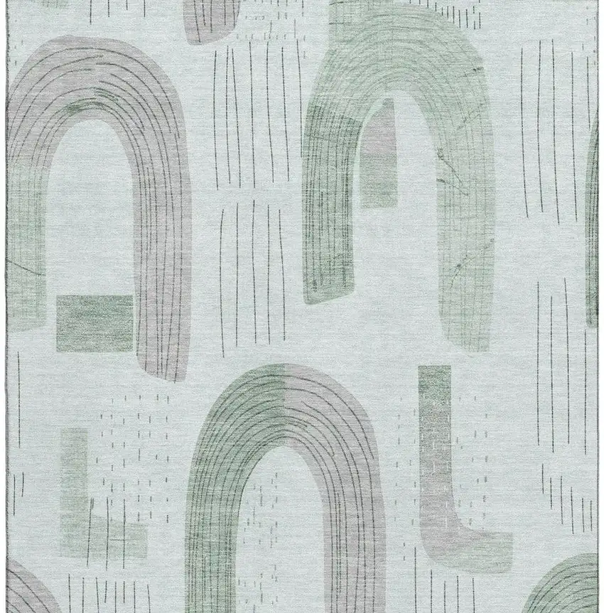 Mint Green Gray And Ivory Geometric Washable Area Rug With UV Protection Photo 3