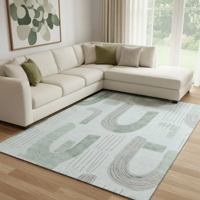 Mint Green Gray And Ivory Geometric Washable Area Rug With UV Protection Photo 2