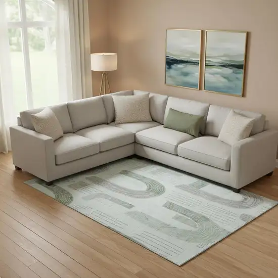 Mint Green Gray And Ivory Geometric Washable Area Rug With UV Protection Photo 2