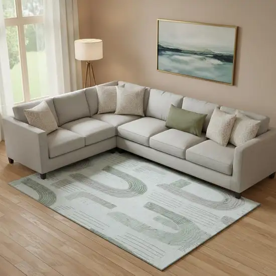 Mint Green Gray And Ivory Geometric Washable Area Rug With UV Protection Photo 2