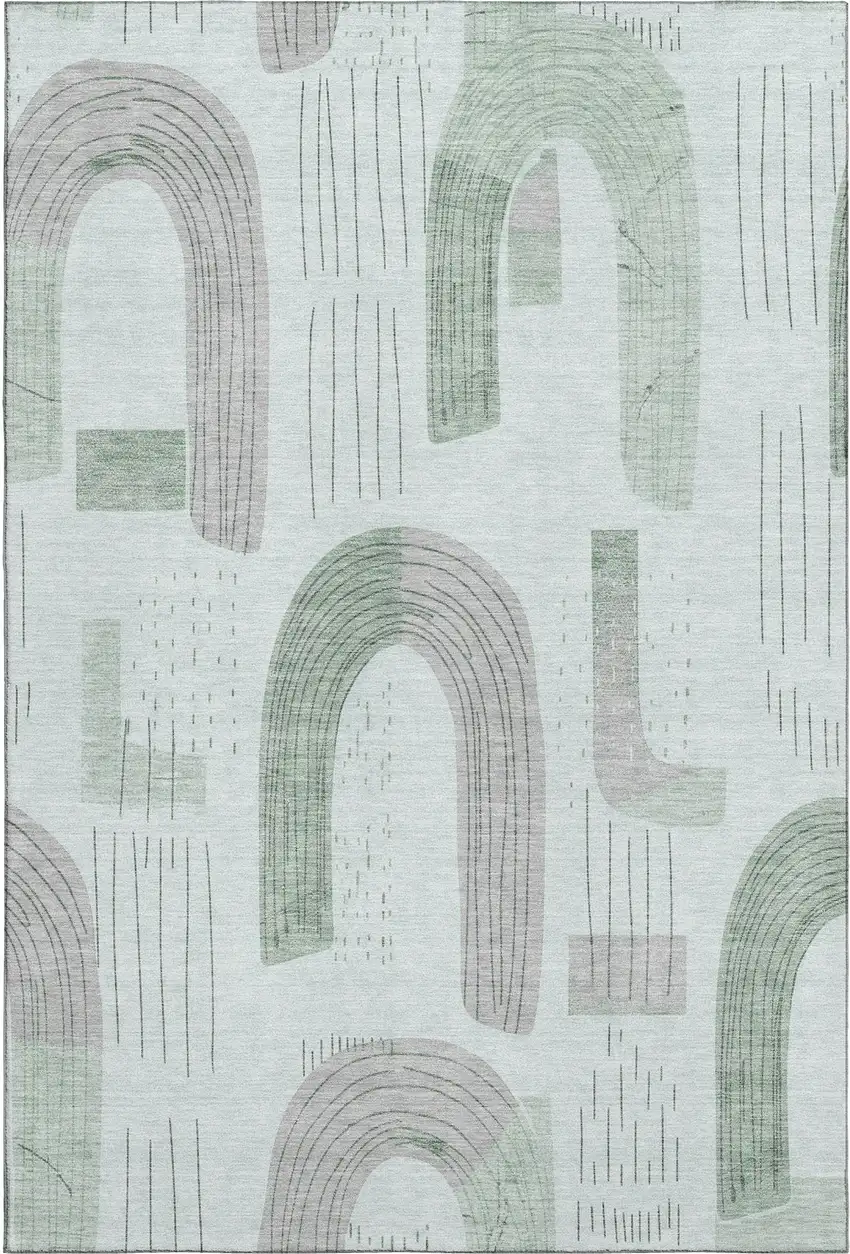 Mint Green Gray And Ivory Geometric Washable Area Rug With UV Protection Photo 1
