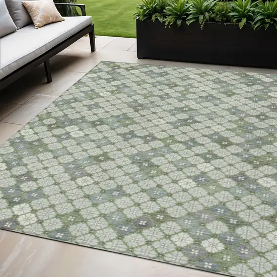 Mint Green Gray And Ivory Geometric Washable Indoor Outdoor Area Rug Photo 2