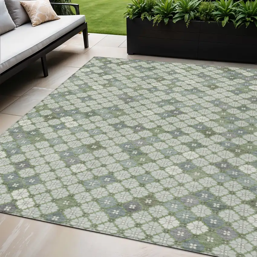 Mint Green Gray And Ivory Geometric Washable Indoor Outdoor Area Rug Photo 2