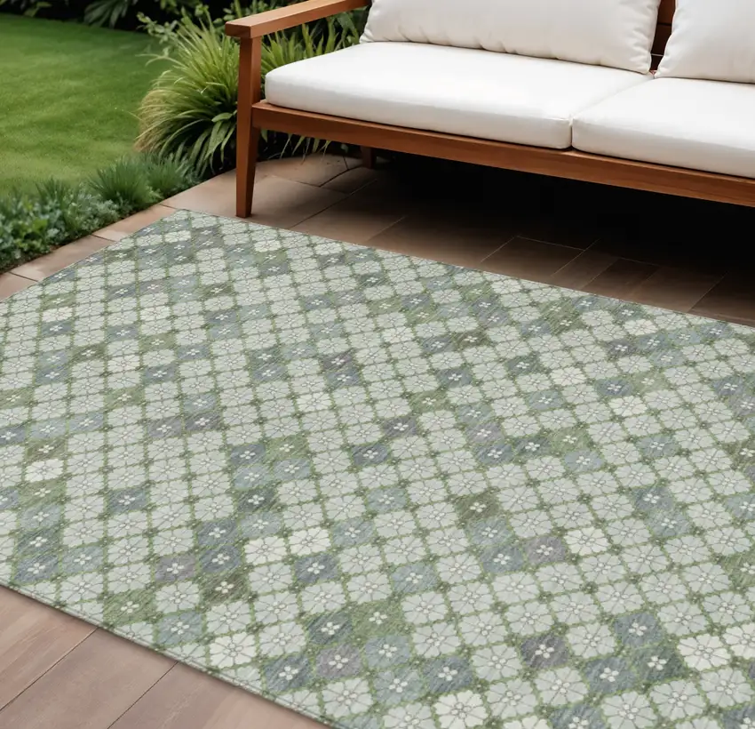 Mint Green Gray And Ivory Geometric Washable Indoor Outdoor Area Rug Photo 2