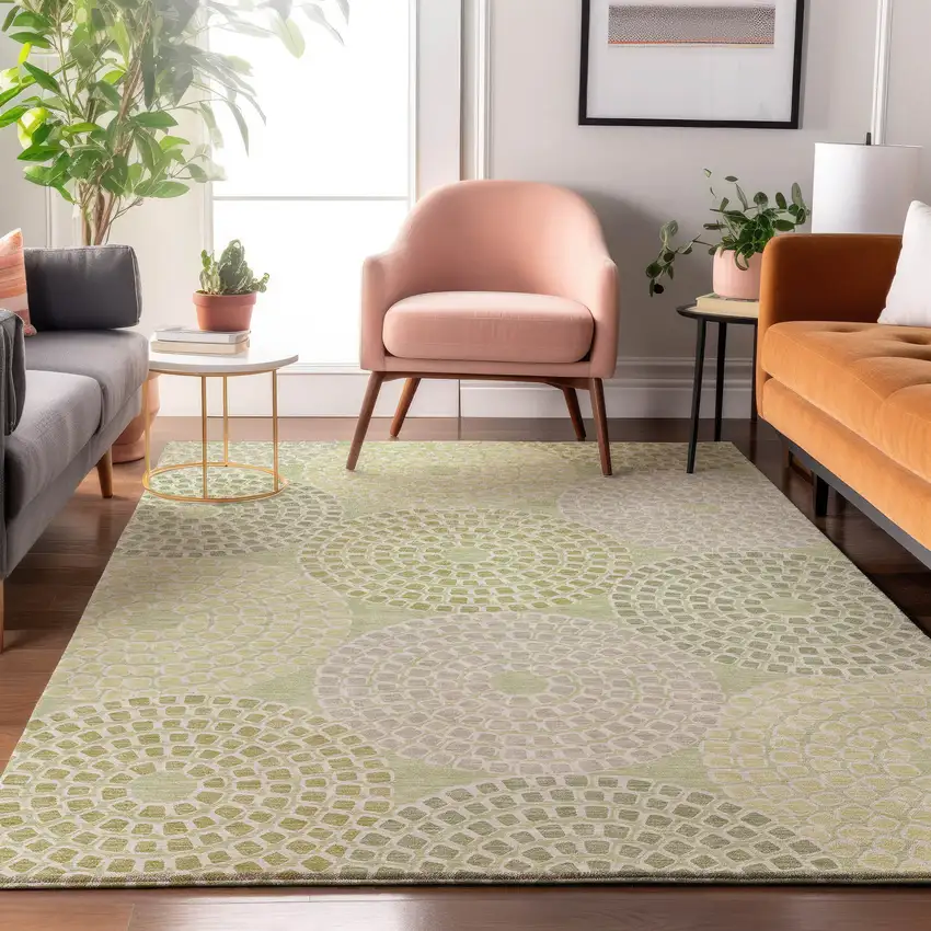 Mint Green Gray And Olive Green Geometric Washable Area Rug With UV Protection Photo 5
