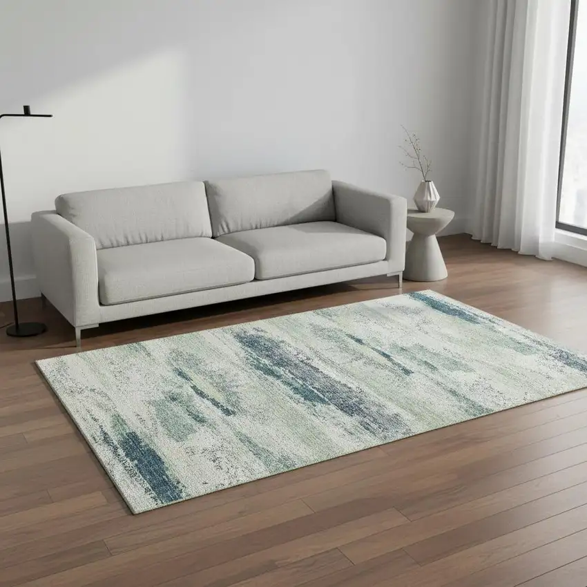 Mint Green Ivory And Blue Abstract Washable Area Rug With UV Protection Photo 2