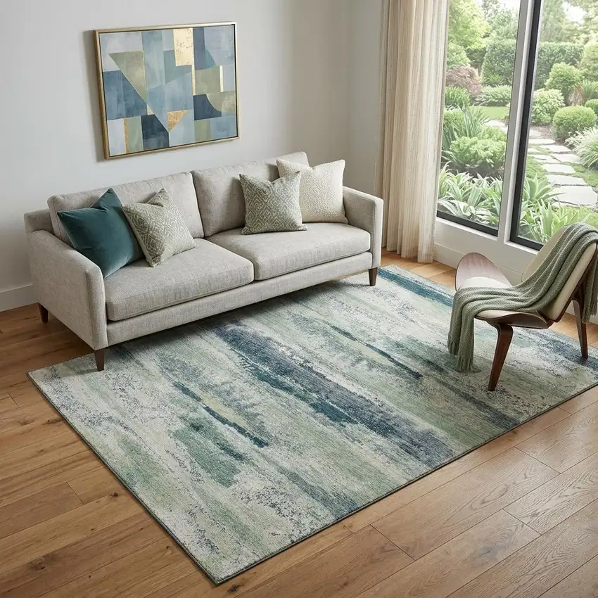 Mint Green Ivory And Blue Abstract Washable Area Rug With UV Protection Photo 1