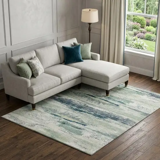 Mint Green Ivory And Blue Abstract Washable Area Rug With UV Protection Photo 1