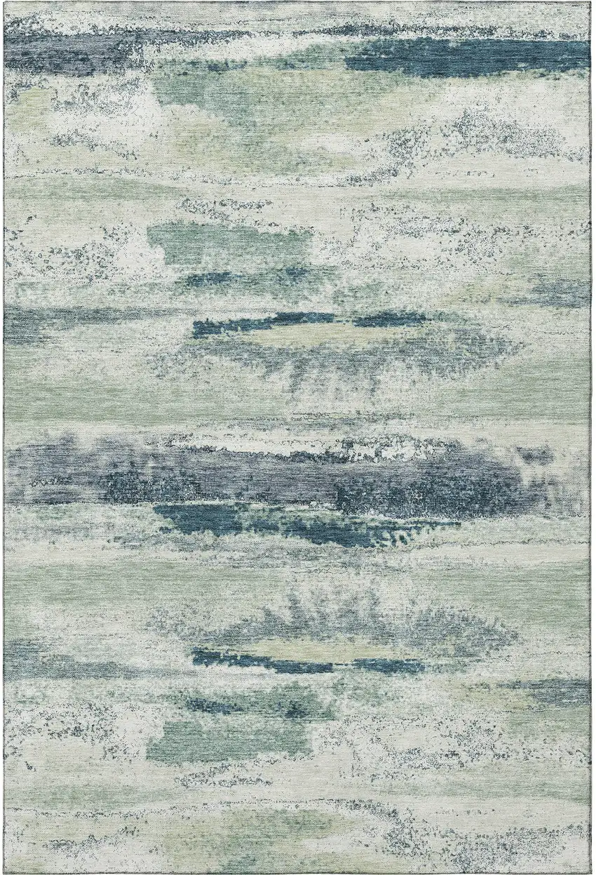 Mint Green Ivory And Blue Abstract Washable Area Rug With UV Protection Photo 3