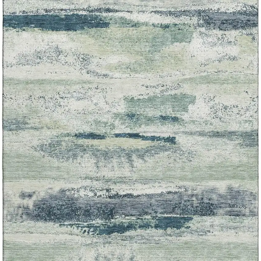 Mint Green Ivory And Blue Abstract Washable Area Rug With UV Protection Photo 2