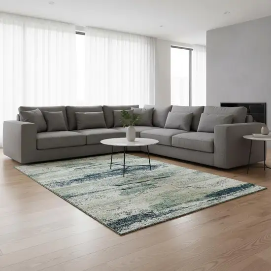 Mint Green Ivory And Blue Abstract Washable Area Rug With UV Protection Photo 2