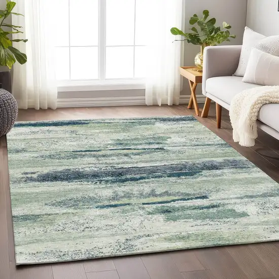 Mint Green Ivory And Blue Abstract Washable Area Rug With UV Protection Photo 4