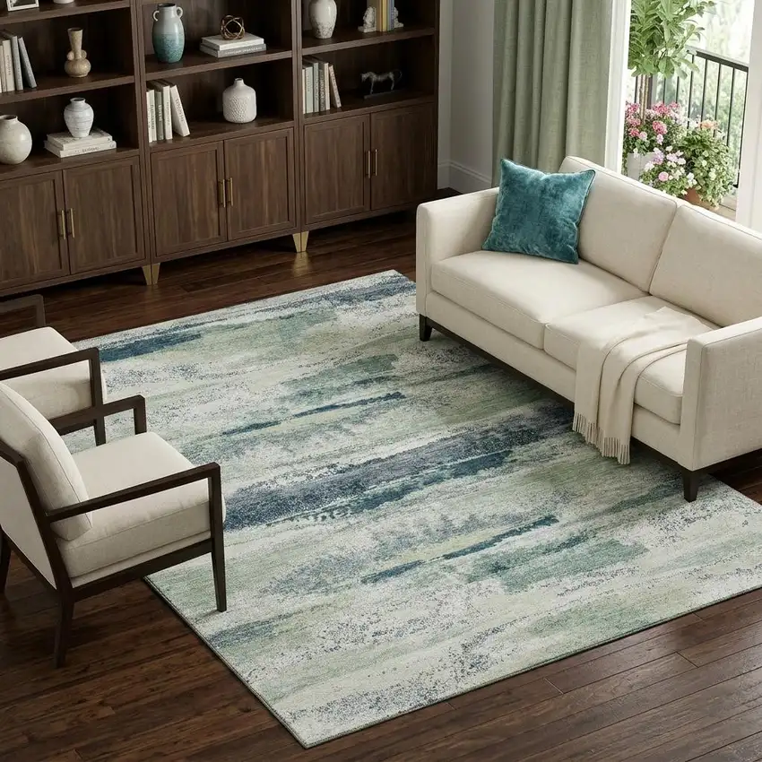 Mint Green Ivory And Blue Abstract Washable Area Rug With UV Protection Photo 1