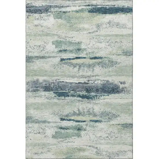 Mint Green Ivory And Blue Abstract Washable Area Rug With UV Protection Photo 3