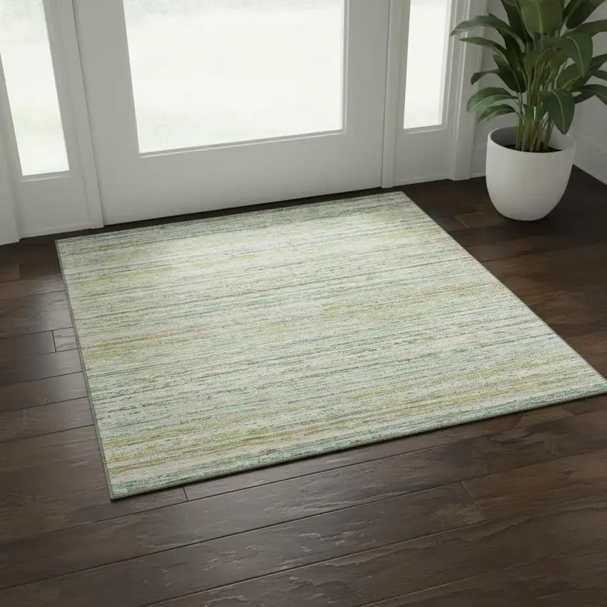Mint Green Ivory And Gold Striped Washable Area Rug With UV Protection Photo 2