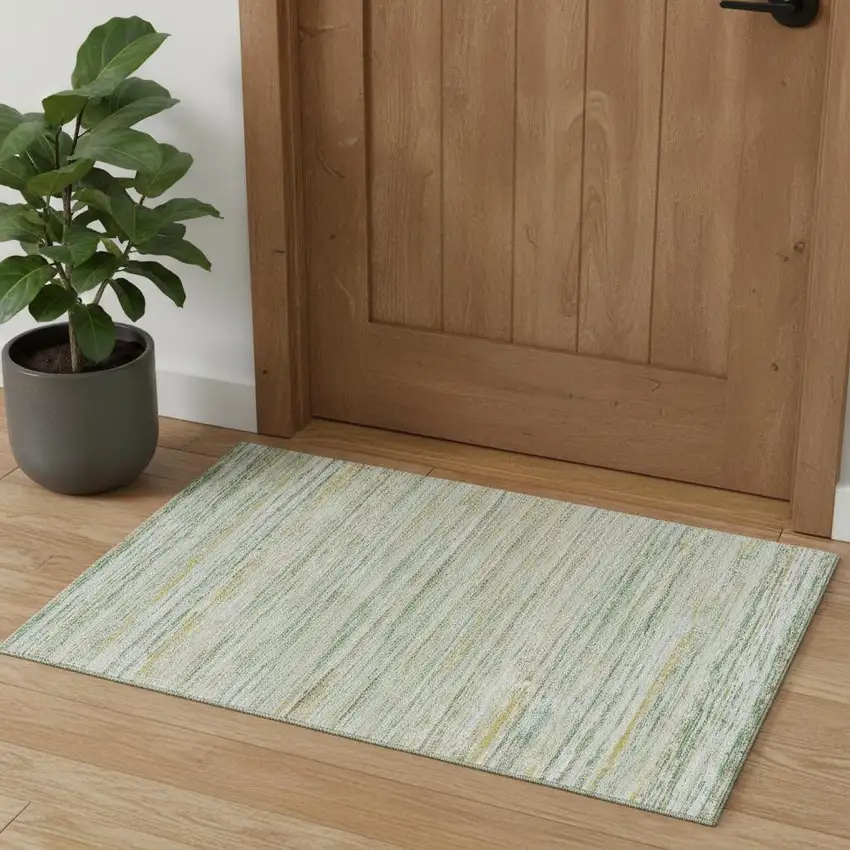 Mint Green Ivory And Gold Striped Washable Area Rug With UV Protection Photo 1